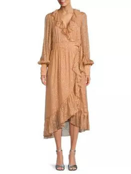 Платье миди из смесового шелка Swiss Dot с запахом Zimmermann, карамель