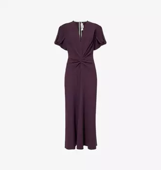 Платье миди из смесовой шерсти со сборками и рукавами-крылышками Victoria Beckham, цвет fig