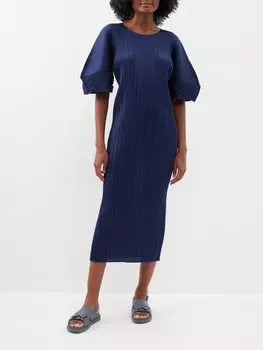 Платье миди из технического плиссированного джерси с объемными рукавами Pleats Please Issey Miyake, синий