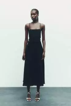 Платье миди из тонкого льна с декоративными вырезами Zara, черный