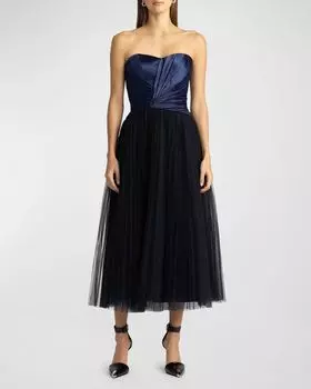 Платье миди из тюля без бретелек со складками Zac Posen, цвет Knight
