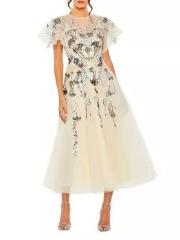 Платье миди из тюля Mac с цветочным орнаментом Mac Duggal, бежевый