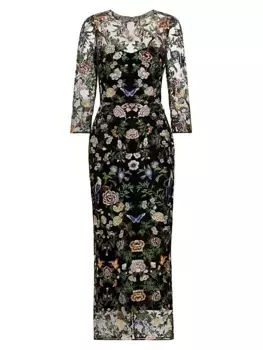 Платье-миди из тюля с ботанической вышивкой Marchesa Notte, черный