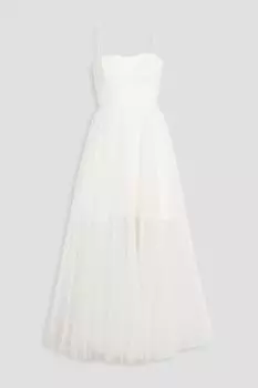 Платье миди из тюля со сборками и сборками ML MONIQUE LHUILLIER, слоновая кость