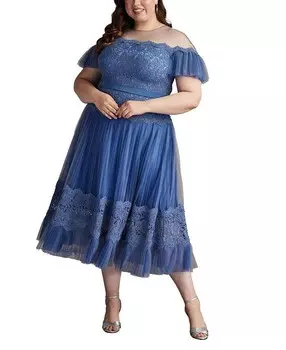 Платье миди из тюля со складками Tadashi Shoji Elise - Большие размеры, синий