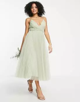Платье миди из тюля со складками на бретельках ASOS DESIGN Bridesmaid цвета шалфея