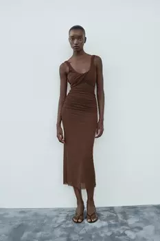 Платье миди из тюля ZARA, коричневый