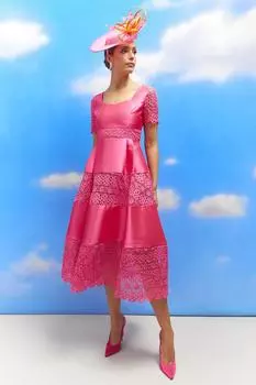 Платье миди из твила с квадратным вырезом и кружевной вставкой Lisa Tan Coast, розовый