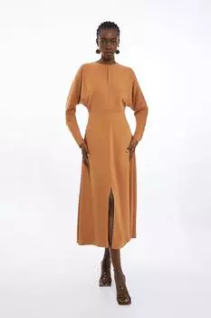 Платье миди из вискозного крепа Petite с длинными рукавами Karen Millen, нейтральный