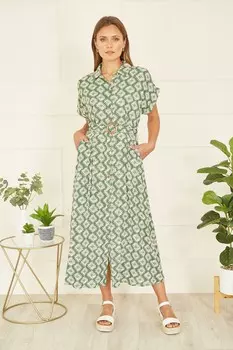 Платье миди из вискозы с поясом Yumi, зеленый