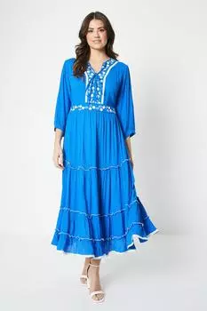 Платье миди из вискозы с жатой контрастной вышивкой Wallis, синий