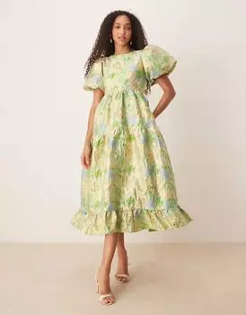 Платье миди из жаккарда Dream Sister Jane Pasque с цветочным узором светло-зеленого и желтого цвета