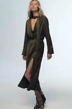 Платье миди из жаккардового платья ZARA, оливково-зеленый