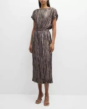 Платье миди из жатой металлизированной фольги Lafayette 148 New York, цвет Pewter Metallic