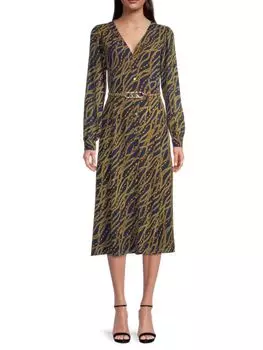 Платье миди из жоржета с поясом и цепочкой Michael Kors, цвет Midnight Blue Multi
