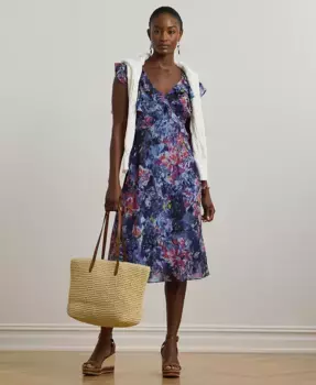 Платье миди из жоржета с принтом и рюшами, размер Petite Lauren Ralph Lauren, синий