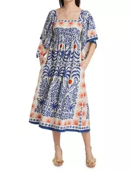 Платье миди-кафтан Farm Rio с короткими рукавами afternoon breeze, голубой