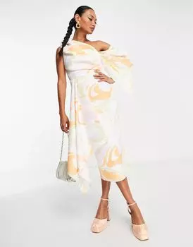 Платье миди-карандаш с рюшами ASOS с размазанным принтом