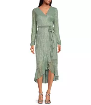 Платье миди Kensie с металлизированным искусственным запахом, длинными рукавами и мятой вязкой, с прозрачными накладками и v-образным вырезом с рюшами по подолу, зеленый