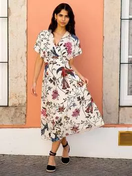 Платье миди-кимоно с птицами и цветочным рисунком Yumi, белый