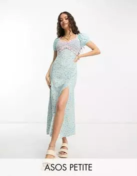 Платье миди крючком с вырезом кармен ASOS Design Petite с сочетанием цветочного и полосатого узора