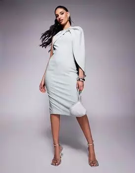 Платье миди Lavish Alice на одно плечо с декоративным бантом в цвете шалфея