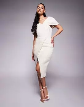 Платье-миди Lavish Alice с драпировкой в стиле бардо и пайетками в бежевом цвете