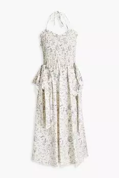 Платье миди Liberty из хлопкового поплина с воротником-халтер и присборенными принтами SHRIMPS, слоновая кость
