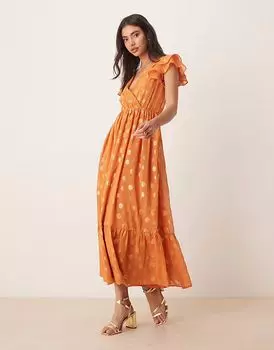 Платье миди Lovedrobe с V-образным вырезом и рукавами-крылышками оранжевого цвета с металлическим отливом