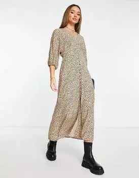 Платье миди манго-коричневого цвета с леопардовым принтом и V-образным вырезом Mango