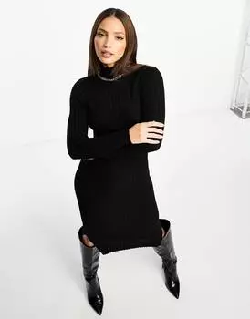 Платье миди-макси Threadbare Tall Autumn High Neck Ribbed Knitted, черный