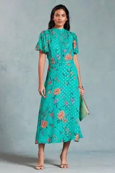 Платье миди металлик с расклешенными рукавами и принтом Love & Roses, зеленый