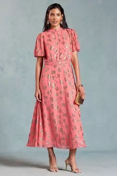 Платье миди металлик с расклешенными рукавами и принтом Love & Roses, розовый