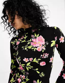 Платье миди миди из джерси с высоким воротником и разрезом по бокам, розовое с цветочным принтом Vila