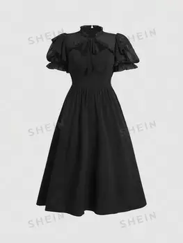 Платье миди MOD, воротник с завязками, черные рукава-фонарики, юбка-колокольчик на талии, Длинное платье для женщин больших размеров Shein, черный