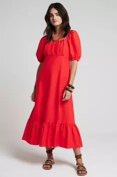 Платье миди «молочница» со льном River Island, красный