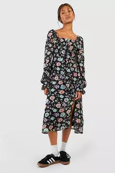 Платье миди молочницы с цветочным рукавом Boohoo, черный