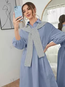 Платье миди Mulvari, Однотонное, пуговицы спереди Талия на шнурке, ручки-фонарики Shein, синий