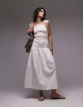 Платье миди на бретельках из льна Topshop цвета слоновой кости