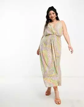 Платье миди на бретельках с пастельным принтом и пайетками ASOS Curve