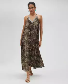 Платье миди на бретелях с бирюзовым воротником, украшенным бисером Lola Casademunt, коричневый