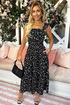 Платье миди на бретелях с принтом и рюшами Ax Paris, черный