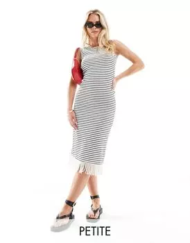 Платье миди на бретелях в монохромную полоску Vila Petite с ребристым низом с бахромой
