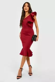 Платье миди на одно плечо с оборками boohoo, красный