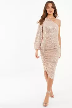 Платье миди на одно плечо с пайетками и сборками Quiz, серебряный