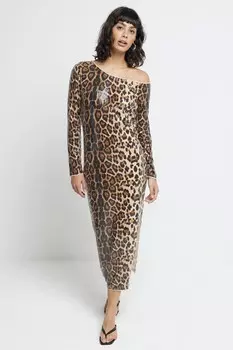 Платье миди на одно плечо с леопардовым принтом River Island, коричневый