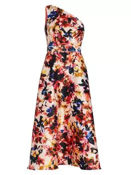 Платье-миди на одно плечо с цветочным принтом Badgley Mischka, фиолетовый