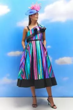 Платье миди на плечах с оборками и полосками Lisa Tan Geo Coast, розовый