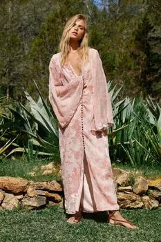 Платье миди на пуговицах Devore с цветочным принтом Warehouse, розовый