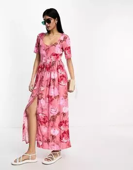 Платье миди на пуговицах из пряжи ASOS с квадратным вырезом и принтом роз